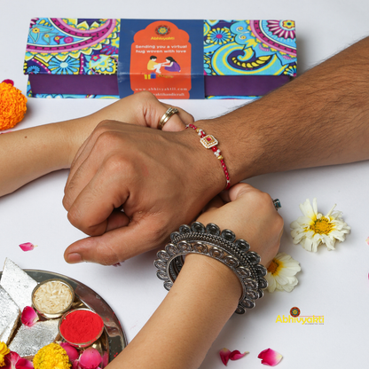 Celebrating rakshabandhan with sister tying beautiful SQUARE Kundan rakhi to her brother