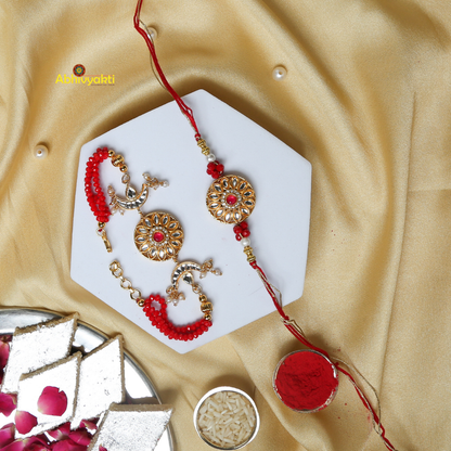 Two red and gold rakhi with red beads, featuring a unique design with stones and beads rakhi lumba for bhaiya bhabhi in India