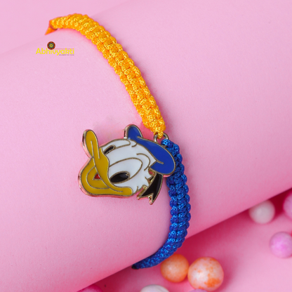 Rakhi designed for kids, showcasing a charming Donald Duck pin on the bracelet.