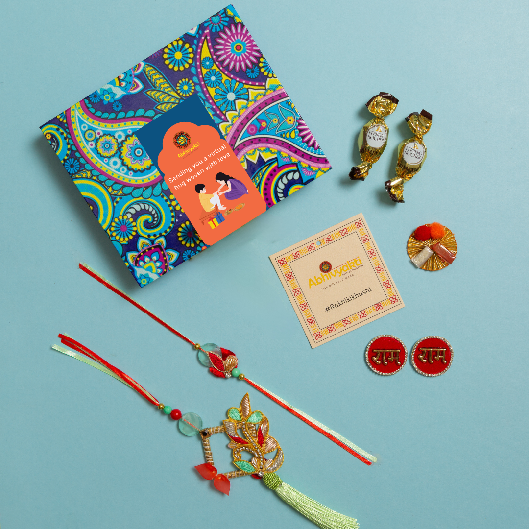 Celebrating Rakshabandhan with Rakhi and Lumba with hamper box for your brother and sister-in-law in India