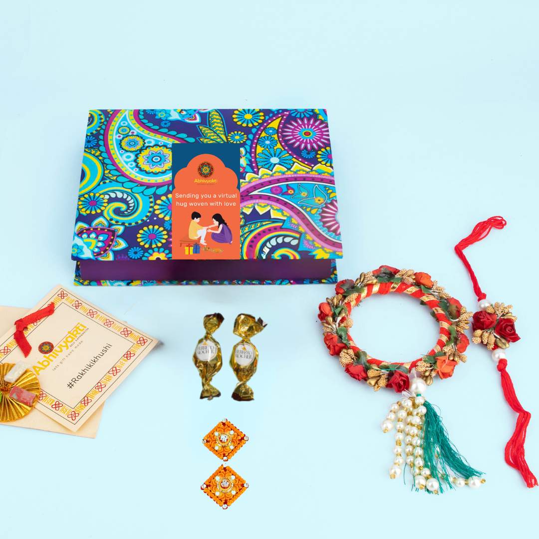 Celebrating Rakshabandhan with Rakhi and Lumba with hamper box for your brother and sister-in-law in India