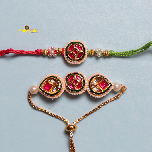 Rakhi and lumba embellished with gold and green beads, displaying a special design with stones and beads