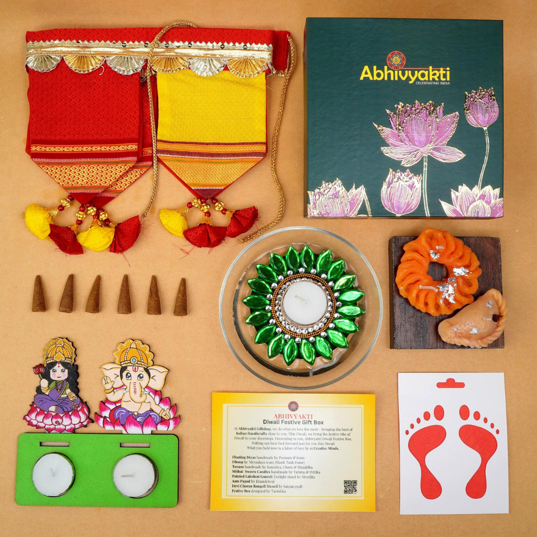 A festive Diwali hamper filled with an assortment of decorative items and treats. The hamper includes colorful floating diya, a box of mithai sweet candle, fragrant incense sticks, a small decorative toran, and festive Ganesh Lakshmi tealight. The items are beautifully arranged in a festive box with vibrant, rich colors and intricate detailing, evoking the spirit of Diwali celebrations. The hamper is a perfect gift for the festive vibe