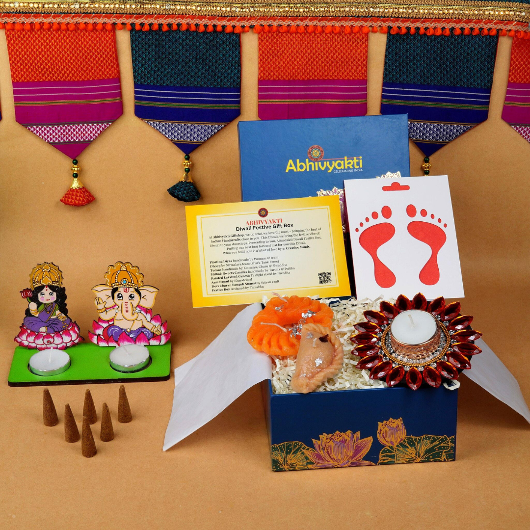 A festive Diwali hamper filled with an assortment of decorative items and treats. The hamper includes colorful floating diya, a box of mithai sweet candle, fragrant incense sticks, a small decorative toran, and festive Ganesh Lakshmi tealight. The items are beautifully arranged in a festive box with vibrant, rich colors and intricate detailing, evoking the spirit of Diwali celebrations. The hamper is a perfect gift for the festive vibe