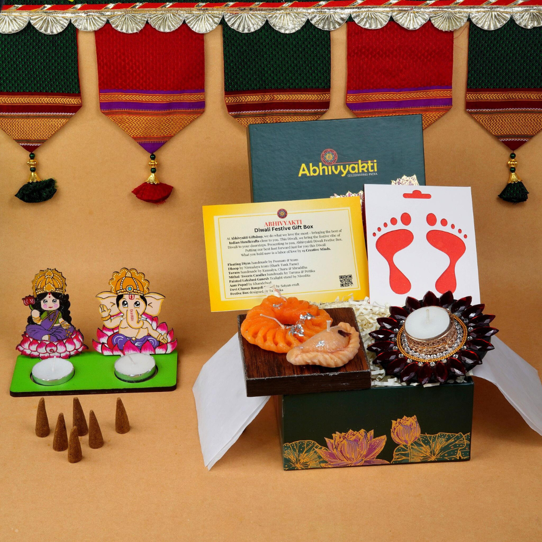 A festive Diwali hamper filled with an assortment of decorative items and treats. The hamper includes colorful floating diya, a box of mithai sweet candle, fragrant incense sticks, a small decorative toran, and festive Ganesh Lakshmi tealight. The items are beautifully arranged in a festive box with vibrant, rich colors and intricate detailing, evoking the spirit of Diwali celebrations. The hamper is a perfect gift for the festive vibe