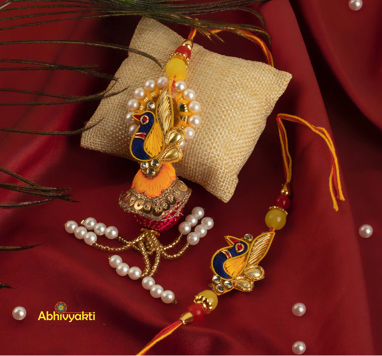 Two elegant rakhi bracelets with pearls and beads, featuring a rakhi lumba design and adorned with beautiful stones and beads