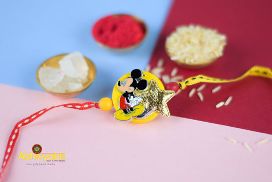 mickey mouse star rakhi with yellow and red ribbon 
