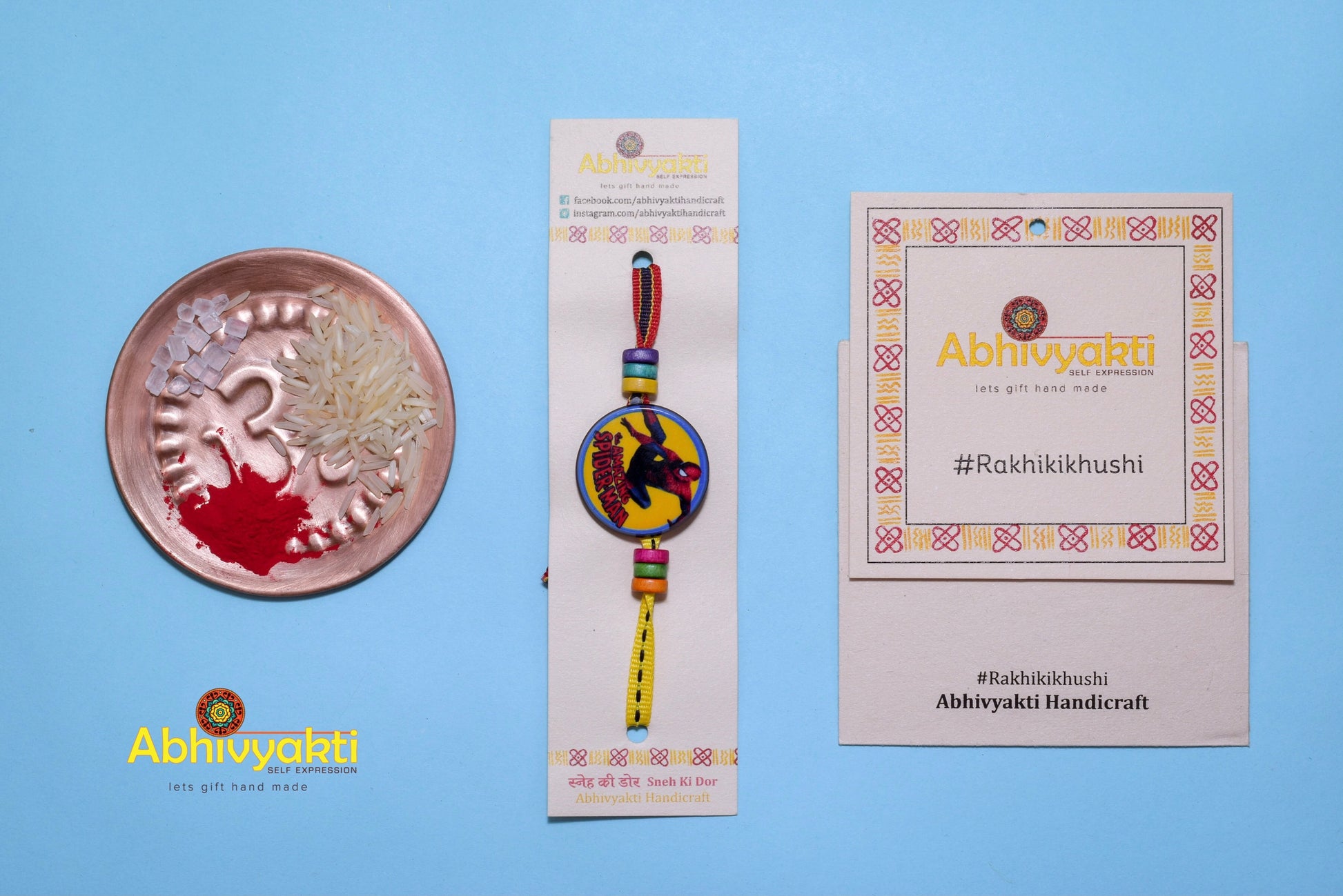 Rakhi for kids featuring Spiderman design and lovely beads with seasonal greeting card