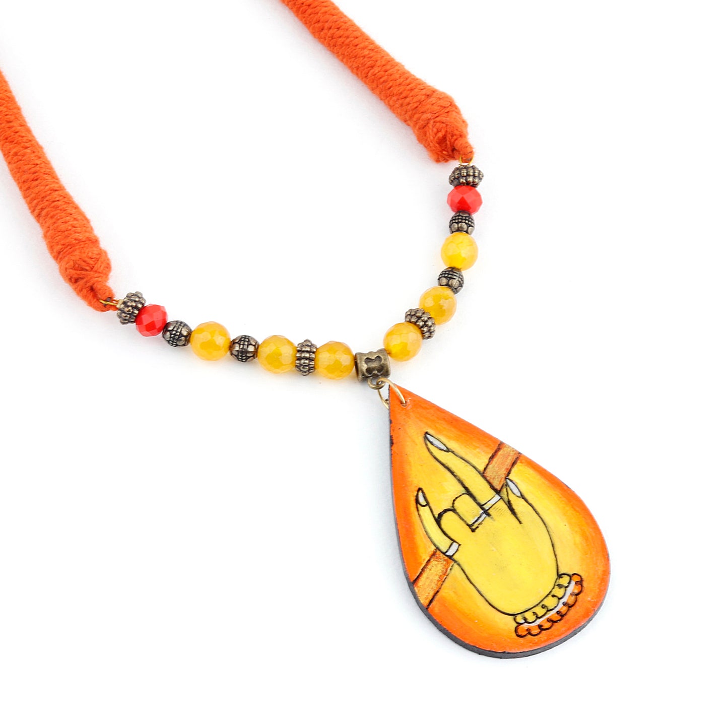 Beautiful necklace mural hand painted by Indian artists. The necklace pendant is shaped like a teardrop and a beautiful Krishna flute