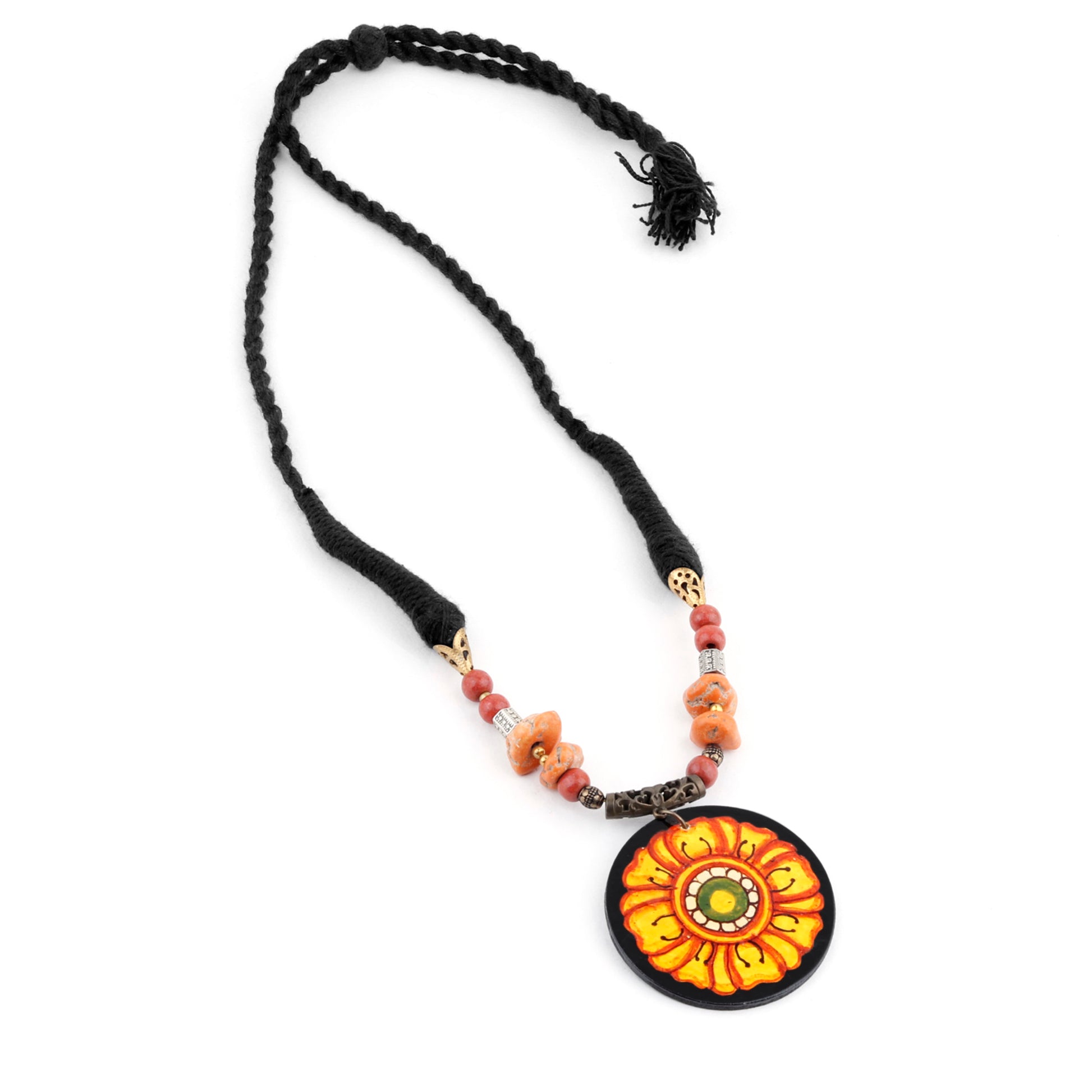 Beautiful necklace mural hand painted by Indian artists. The necklace pendant is circular and sunflower design is handpainted in it